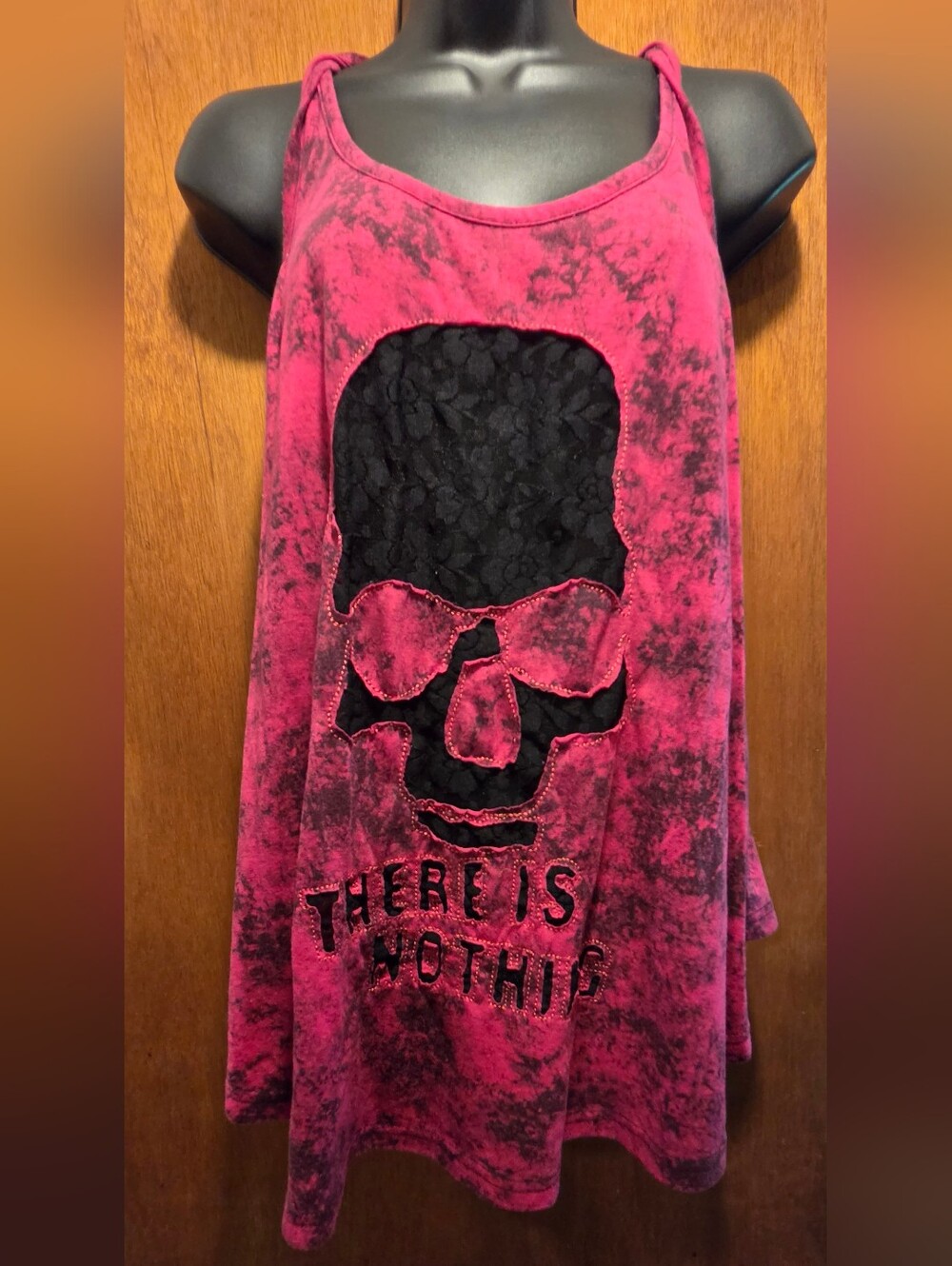 Other Mix Pink Tie-Dye Skull Tank Top with Black Lace Inset SzL